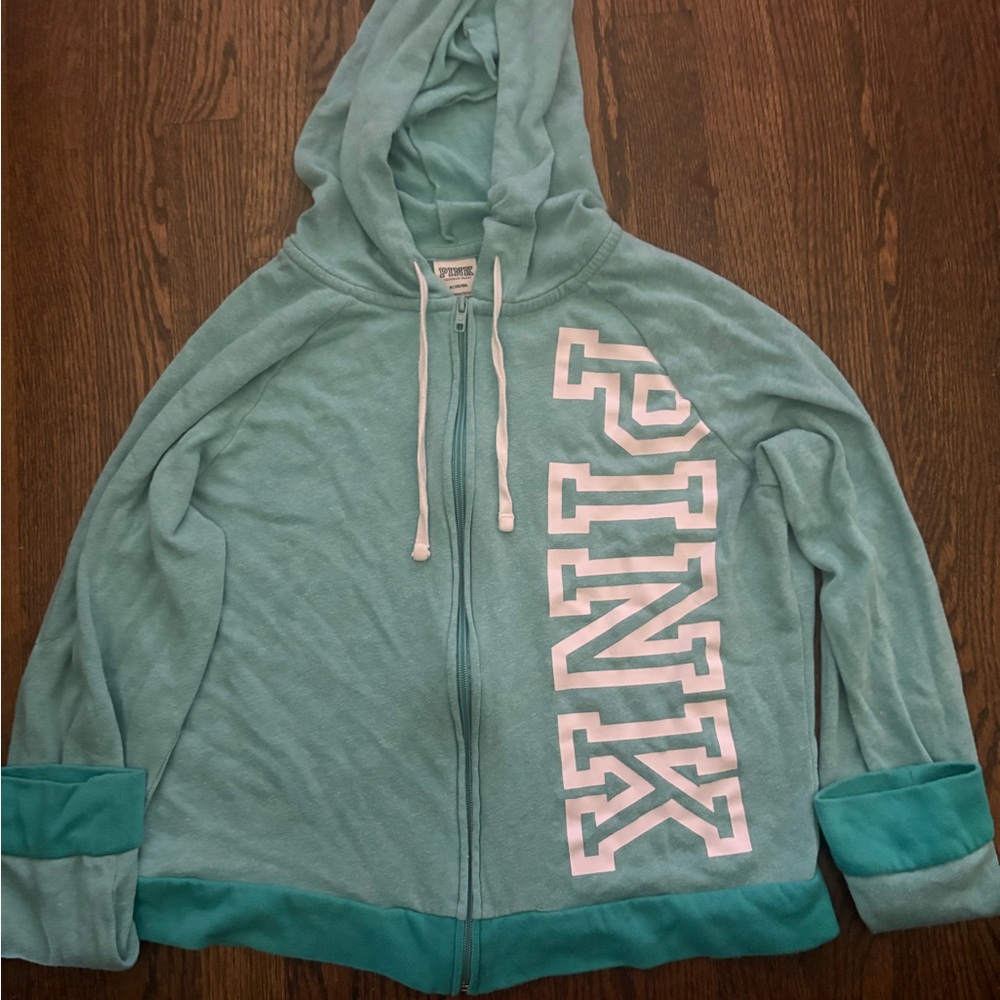 PINK Teal Hoodie with Pink Logo